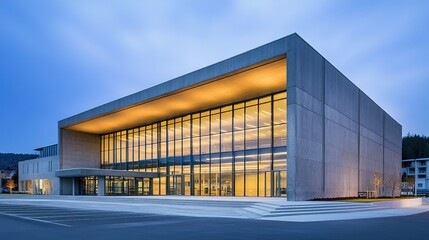 Obraz premium Modern concrete hall with glowing windows, embodying simplicity and clean minimalism in architectural design. 