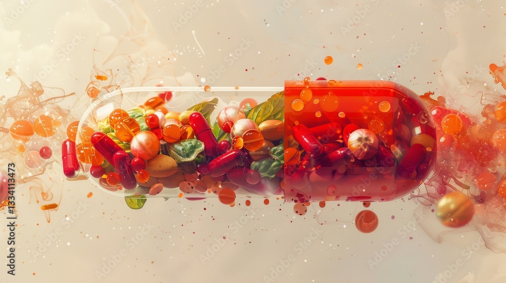Poster a vibrant and detailed image showing a transparent capsule filled with various pills, spheres and ab