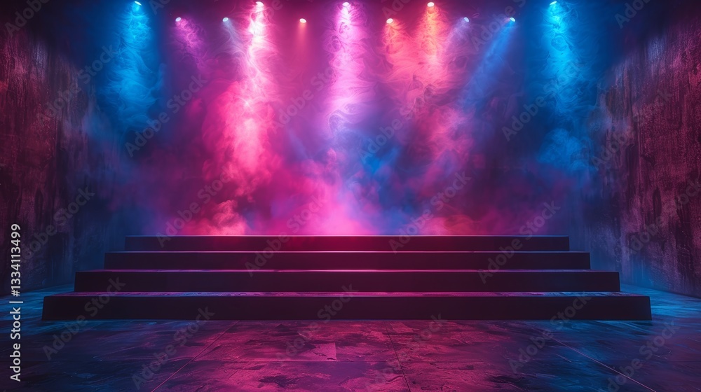 Poster a vibrant and atmospheric image of a stage with steps, bathed in a combination of pink and blue ligh