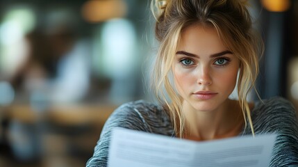 Fototapeta premium Professional woman in business attire at office desk looking annoyed while reviewing documents