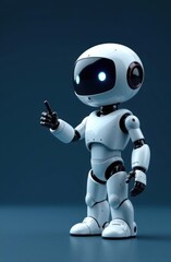 White friendly robot pointing with finger on dark blue background
