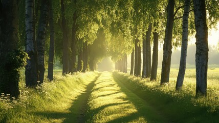 Sunlit Path Through a Tree-Lined Lane in a Lush Green Field