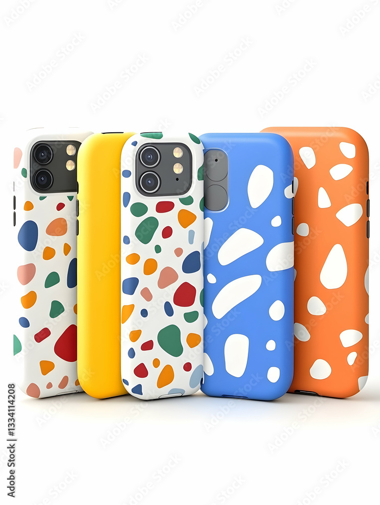 Poster four colorful phone cases with abstract terrazzo patterns