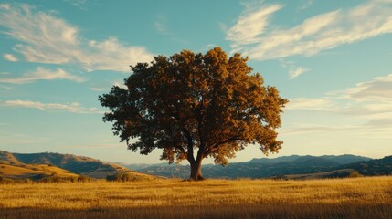 Obraz premium A solitary tree stands proudly in a vast open field landscape