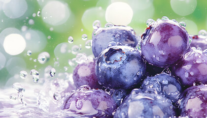 Fresh blueberries splashing in water against a blurred green background