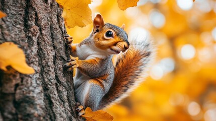 Fototapeta premium Squirrel on Tree Autumn Leaves