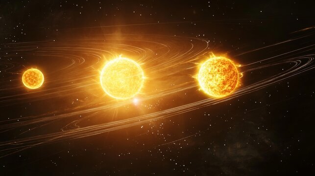 Dynamic visualization of the three suns of alpha centauri in elliptical orbits around their center.