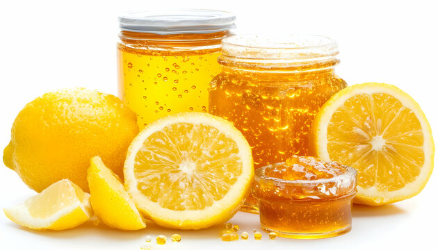 Fresh lemons and jars of honey and lemon marmalade