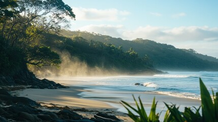 A beautiful beach coastline with misty air and lush green trees