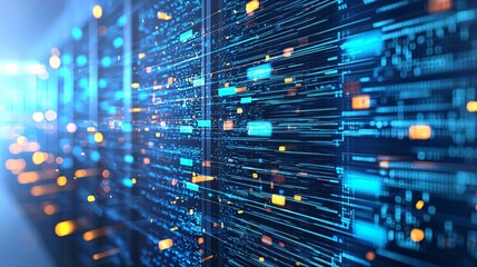 Abstract data patterns on glowing computer monitor in dimly lit room, symbolizing surveillance and data collection, with faint outlines of server racks in background.