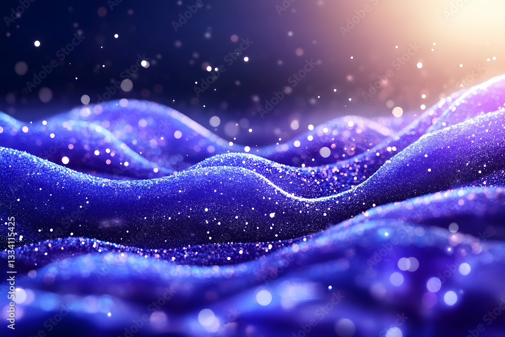Poster glittering blue waves with bokeh lights and particle effects