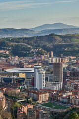 Vertical view of the skyscrapers and san mames football club of Bilbao