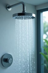 Modern shower head pouring water in bathroom