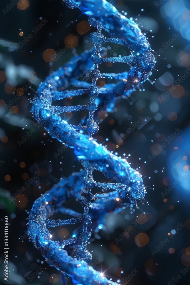 Poster abstract depiction of a sparkling blue helical structure symbolizing genetics and scientific researc