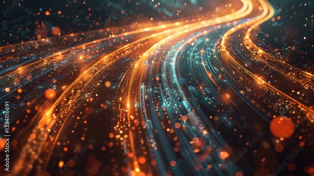 Poster abstract depiction of illuminated, winding, converging threads of light, resembling digital data str