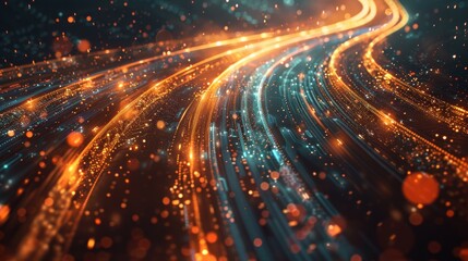 Fototapeta premium Abstract depiction of illuminated, winding, converging threads of light, resembling digital data streams and network connections in warm and cool tones.