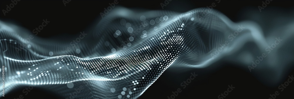 Aufkleber abstract dynamic flowing wavy surface formed by white glowing dots on a dark background, evoking dig
