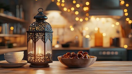 Ramadan lantern dates and dishes on a wooden table