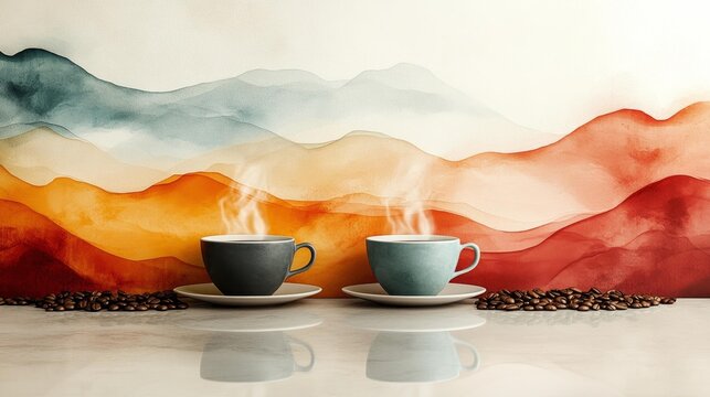 Serene Coffee Cups with Beans and Steaming Background. Generative AI