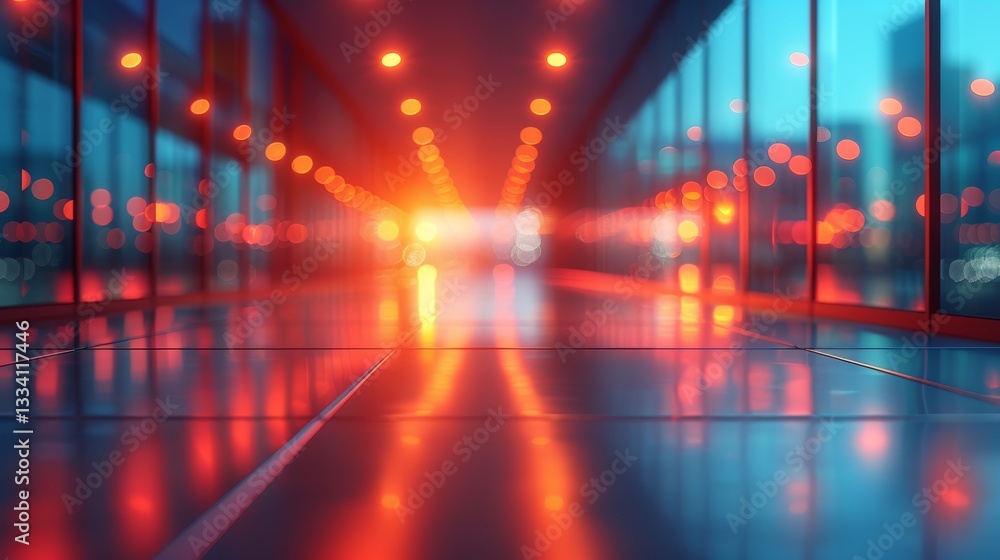 Aufkleber abstract perspective of a futuristic corridor with glowing red and orange bokeh lights reflected on 
