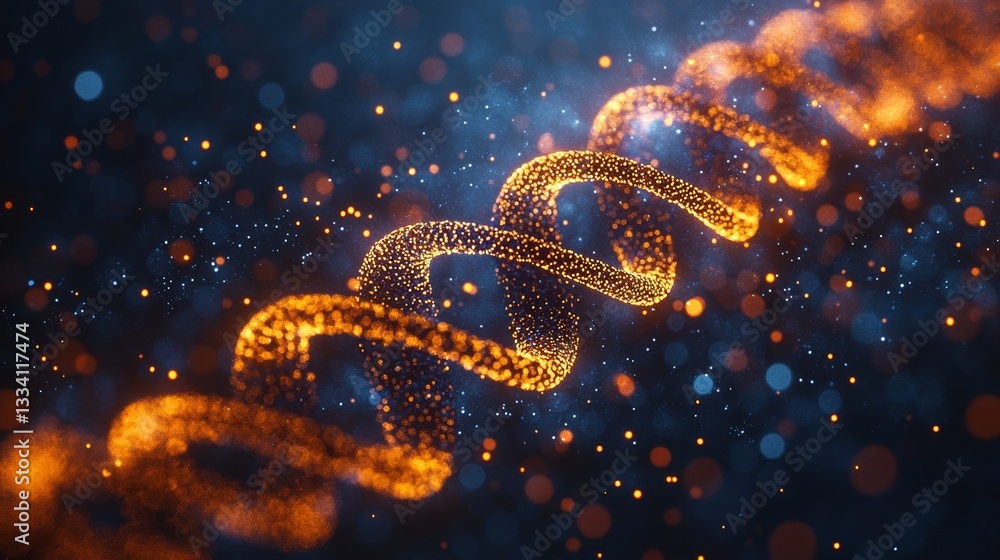 Aufkleber abstract representation of a dna double helix molecule illuminated by golden particles against a dar