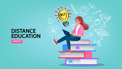 A teenage girl reading a big book. World book reading or literacy day banner. Book market or fair concept. Online reading. Back to school. College and university concept vector illustration.