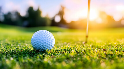 Golf ball on green near hole at sunset
