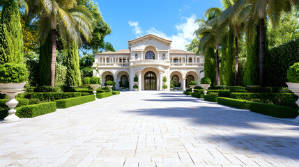 Obraz premium Grand Mediterranean-style mansion with lush landscaping and paved driveway