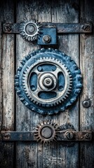 Gears attached to weathered wooden panel, vertical close-up of intricate mechanism, metallic parts