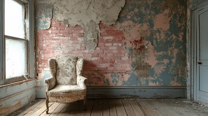 Forgotten room with an old armchair and peeling paint on the wall evokes a sense of nostalgia and abandonment