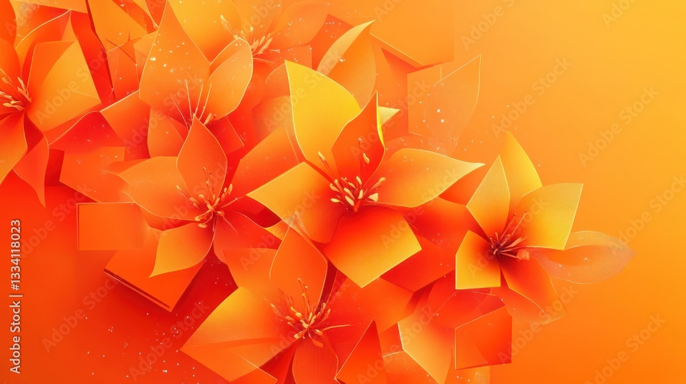 Poster artistic rendering of bright orange abstract flowers on a gradient backdrop