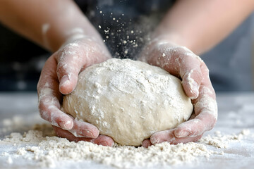 Hands gently cradling a ball of freshly kneaded dough, dusted with flour