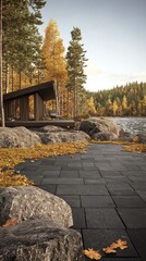 Lakeside cabin in autumn forest near lake, relaxing retreat, nature view. Stock photo