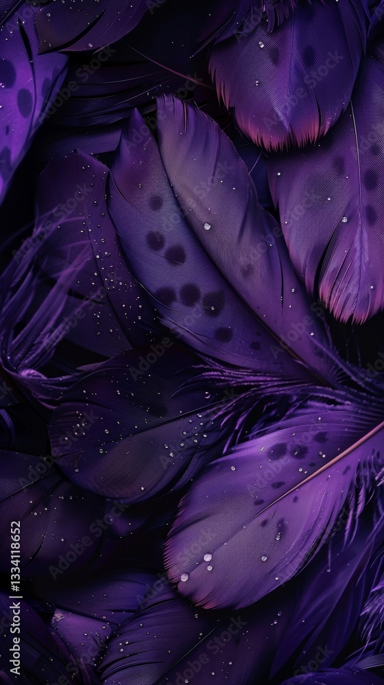 Poster An array of luscious plum feathers glistening with fresh raindrops, reflecting light with rich, saturated hues, creating a textural and captivating abstract.