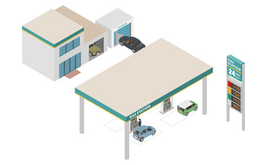 アイソメトリックイラスト：ガソリンスタンド