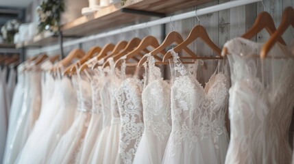 An array of pristine white wedding dresses, each with unique lace and tulle details, elegantly displayed on wooden hangers in a bridal boutique