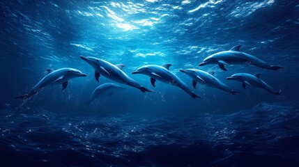 Fototapeta premium A Group of Dolphins Swimming Gracefully in the Deep Blue Ocean. Generative AI