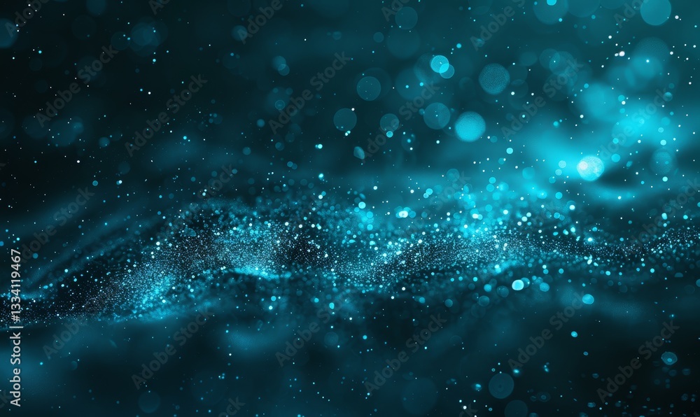 Poster an enchanting vista of teal and dark blue hues with luminous bokeh orbs and glittering particles cre