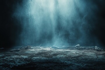 Dark mysterious landscape smoky blue background rocky ground