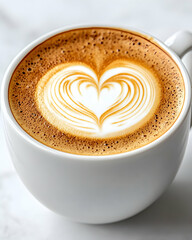 Heart-shaped latte art in a white mug