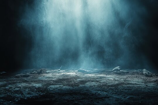 Dark mysterious landscape smoky blue background rocky ground