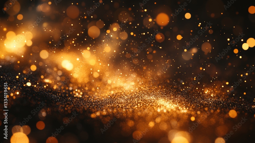 Aufkleber an ethereal cascade of golden bokeh light particles shimmering against a dark canvas, creating a mag