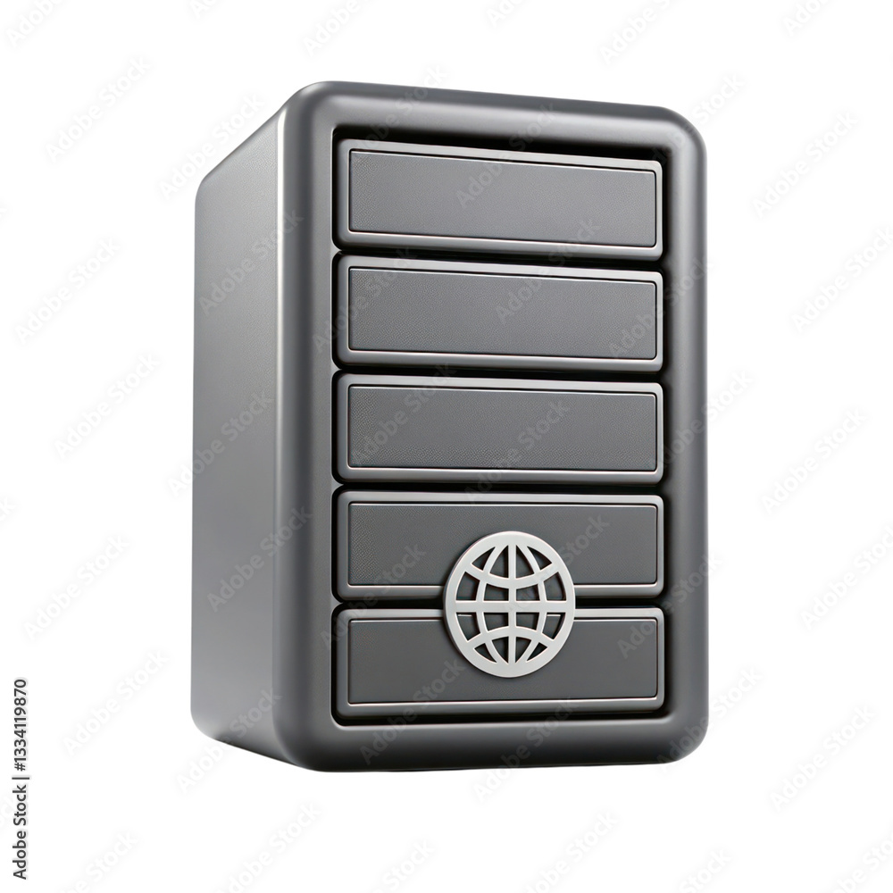 Poster 3d server icon with globe symbol, isolated on transparency background, representing technology and c