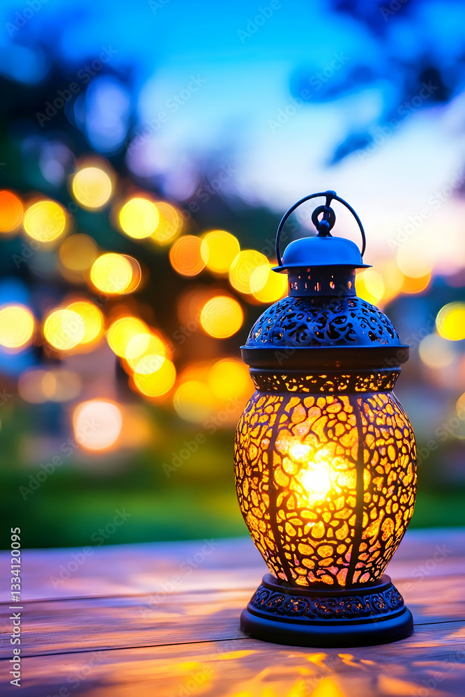 Poster illuminated lantern on wooden table at twilight with bokeh lights