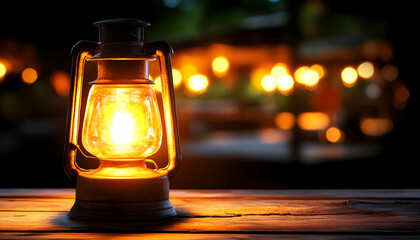 Illuminated kerosene lantern on wooden surface at night, soft-focus background