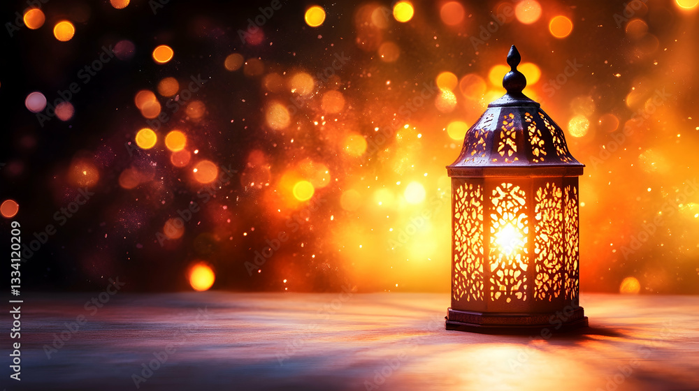 Poster illuminated ornate lantern on wooden surface with bokeh background