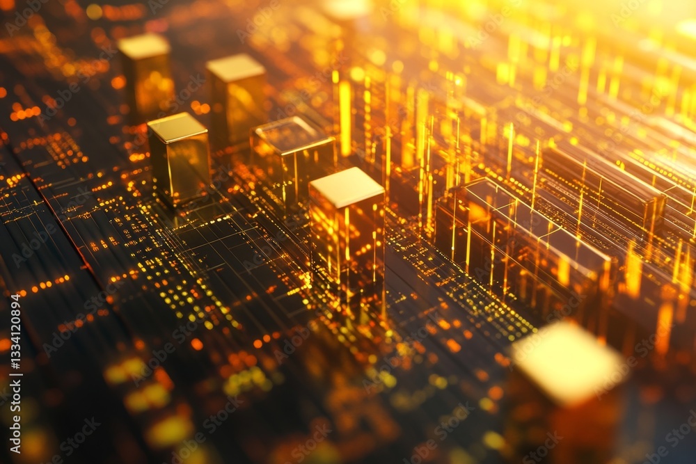 Poster abstract circuit board with glowing golden cubes. intricate network of golden lines and glowing cube