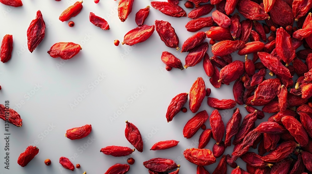 Poster An overhead presentation of intensely vibrant red dried goji berries elegantly scattered across a stark white surface, creating a visually striking and appetizing culinary ingredient display
