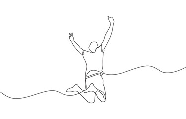 Happy man jumping for joy in continuous line art drawing style, Continuous one line drawing. Happy jumping man on white background. Vector illustration.