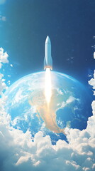 Fototapeta premium A white space rocket is flying in the sky, with Earth below it and blue background